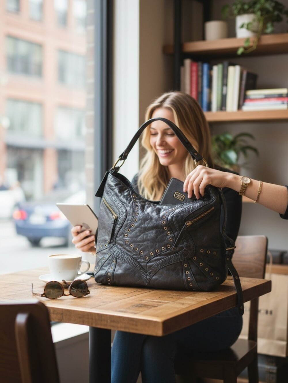 Steven By Steve Madden Studded Genuine Leather Hobo Bag